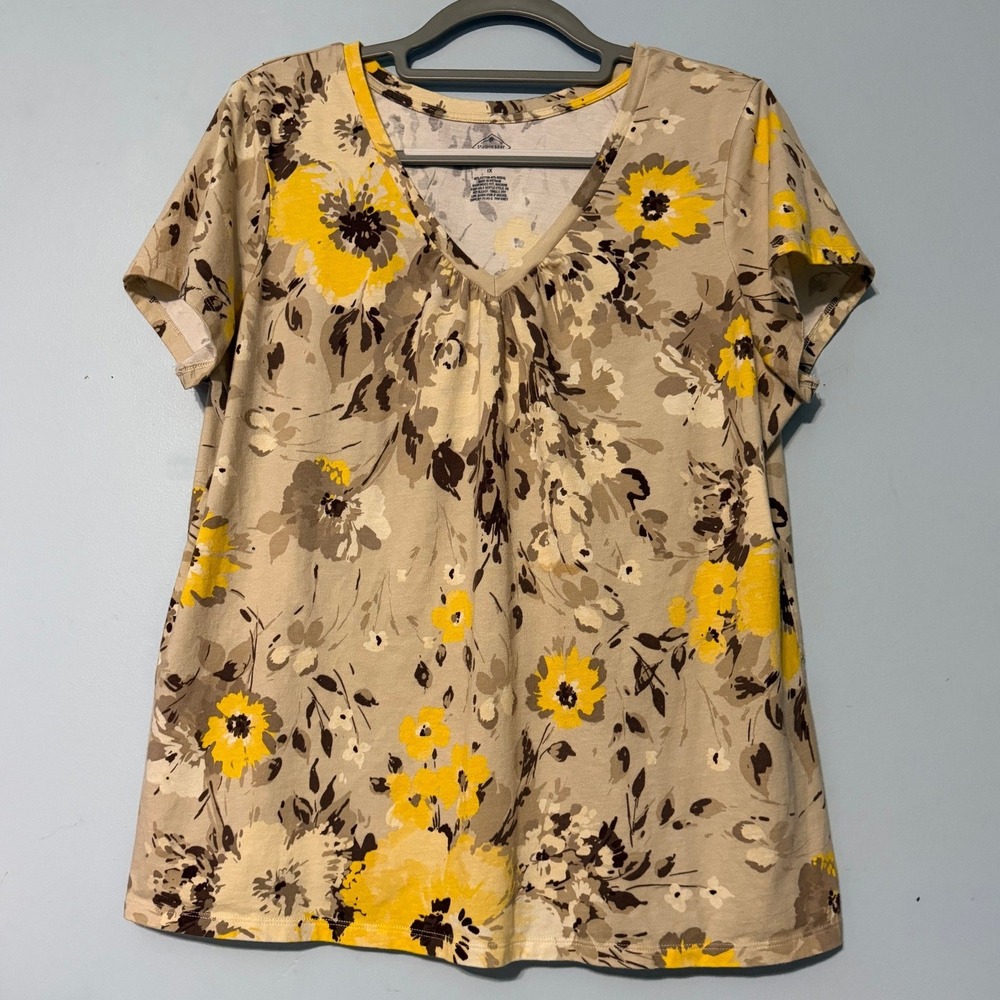 St Johns Bay Women's 1X Floral V-Neck Top Yellow Beige Short Sleeve Cotton 2296